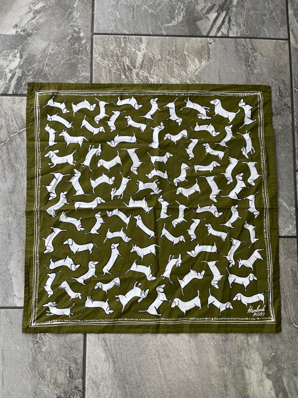 🦴 Hemlock Goods No. 57 Bandana Trixie Dachsund Print Green Cotton